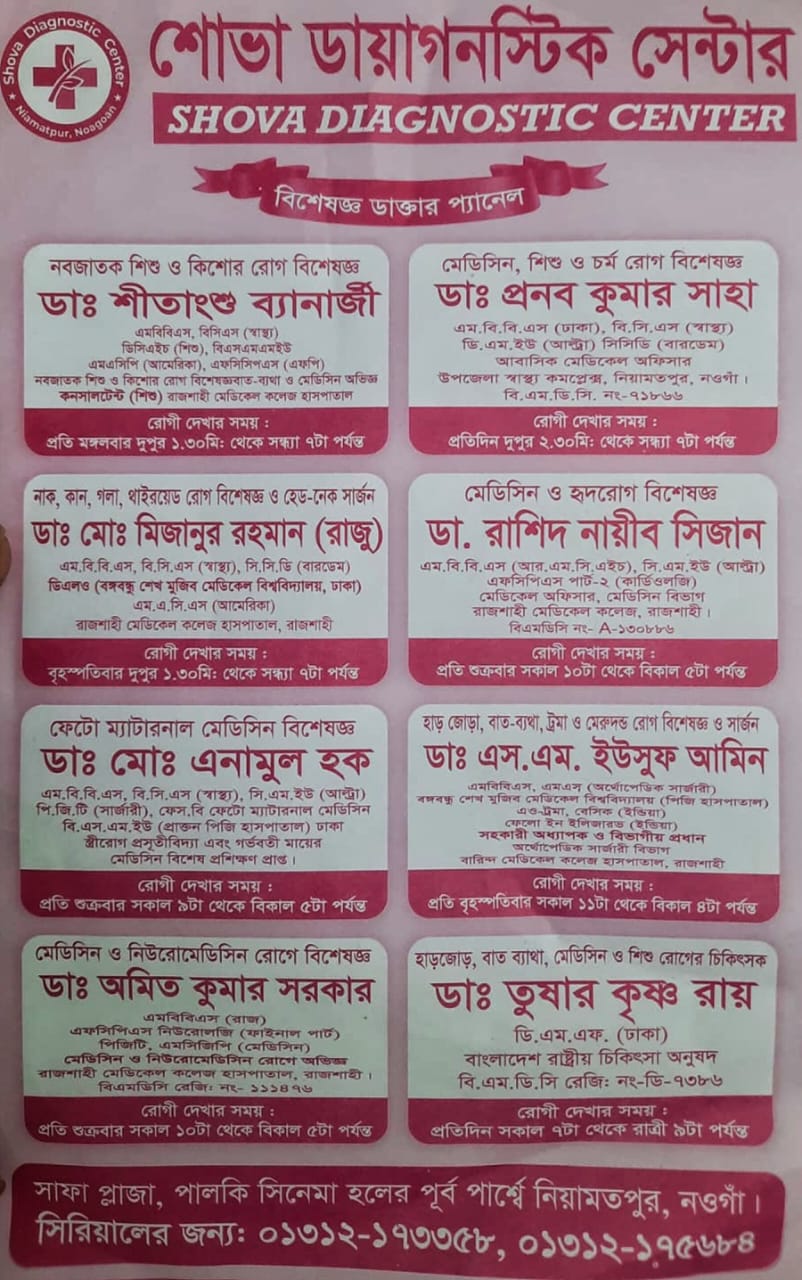 Read more about the article নিয়ামতপুর এর রোগ নির্নয়ের নির্ভরযোগ্য প্রতিষ্ঠান এর নাম শোভা ডায়াগনস্টিক সেন্টার